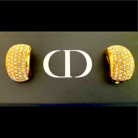 Authentic Christian Dior Large Pave Vintage Clip On Earrings
